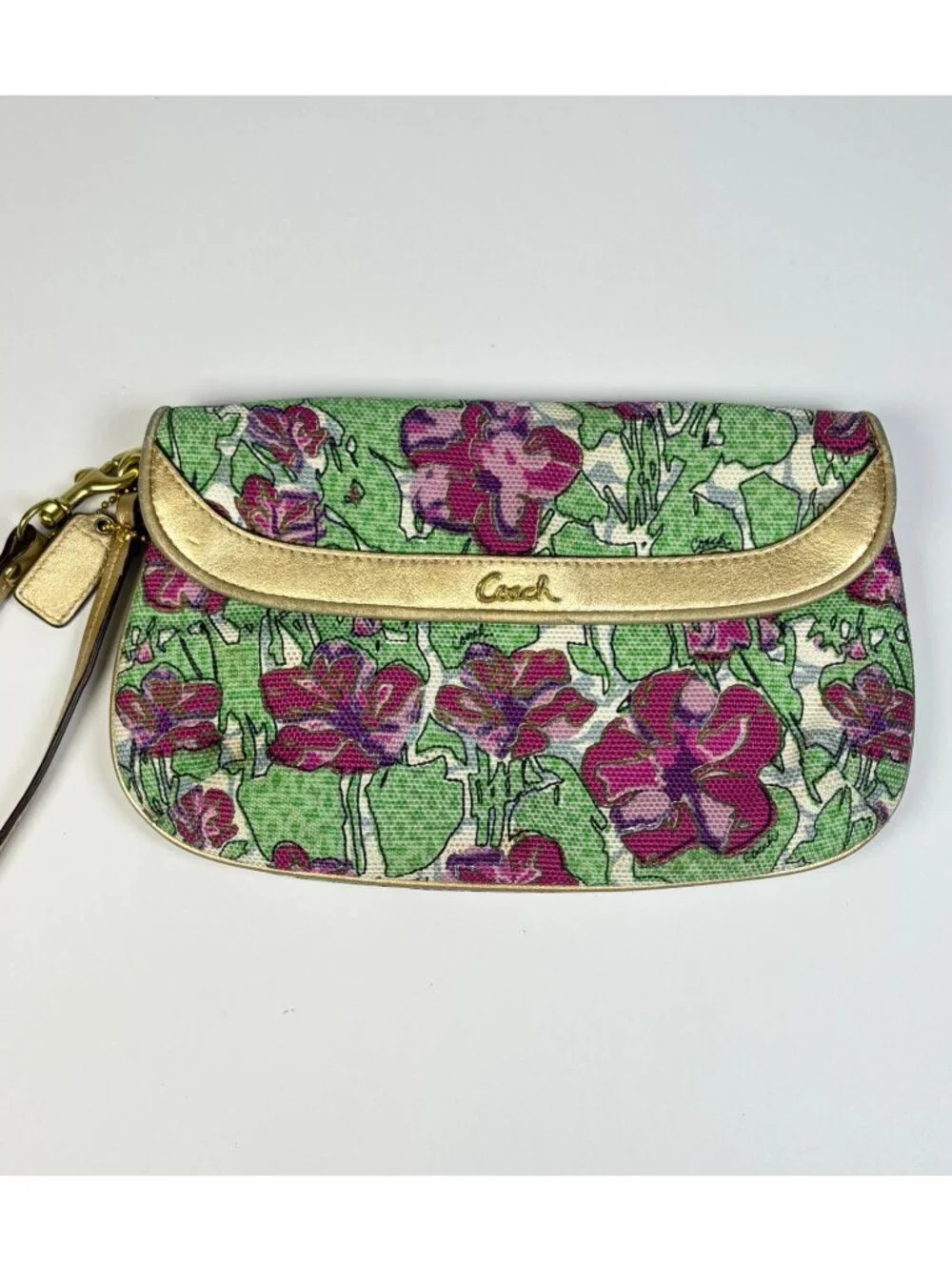 Coach Ashley Iris Floral Flap Clutch Wristlet Canvas Leather Vintage
